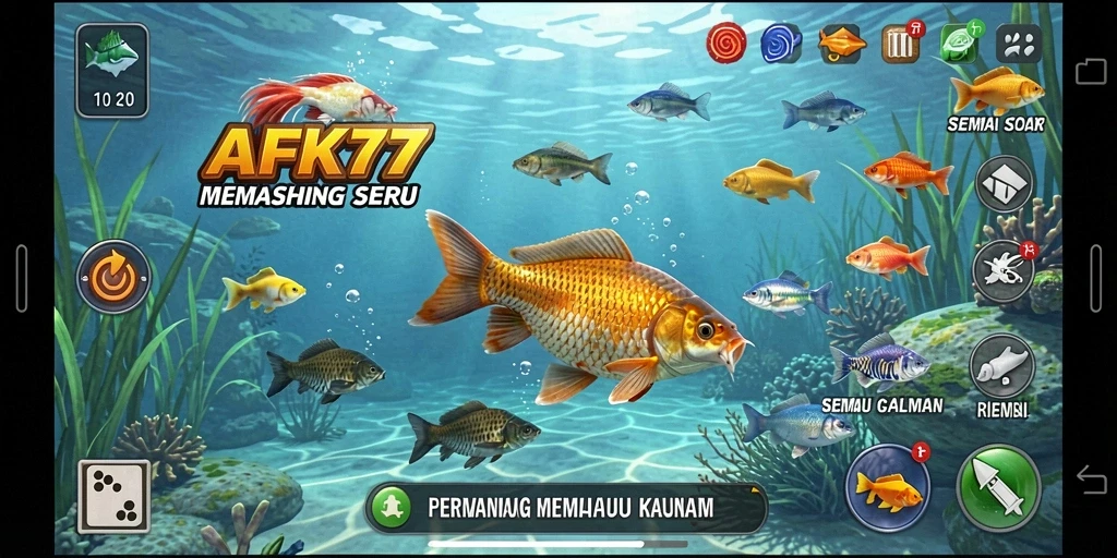 Screenshot gameplay AFK77 menunjukkan momen memancing yang seru.