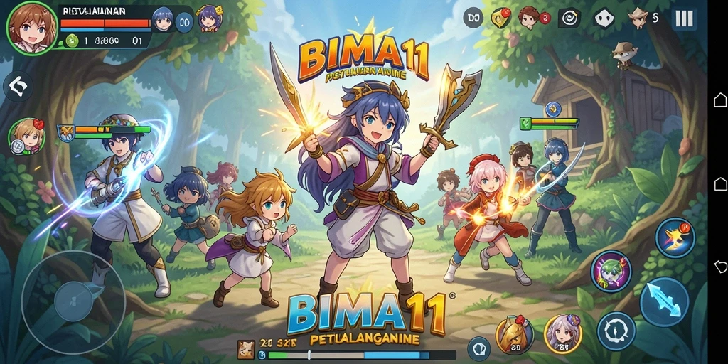 Screenshot gameplay BIMA11 menampilkan aksi pertarungan seru dan karakter anime yang menarik.
