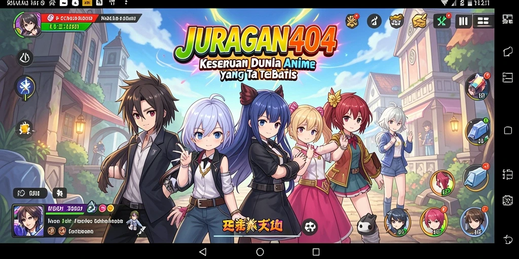 Screenshot utama JURAGAN404 menampilkan aksi seru karakter anime.