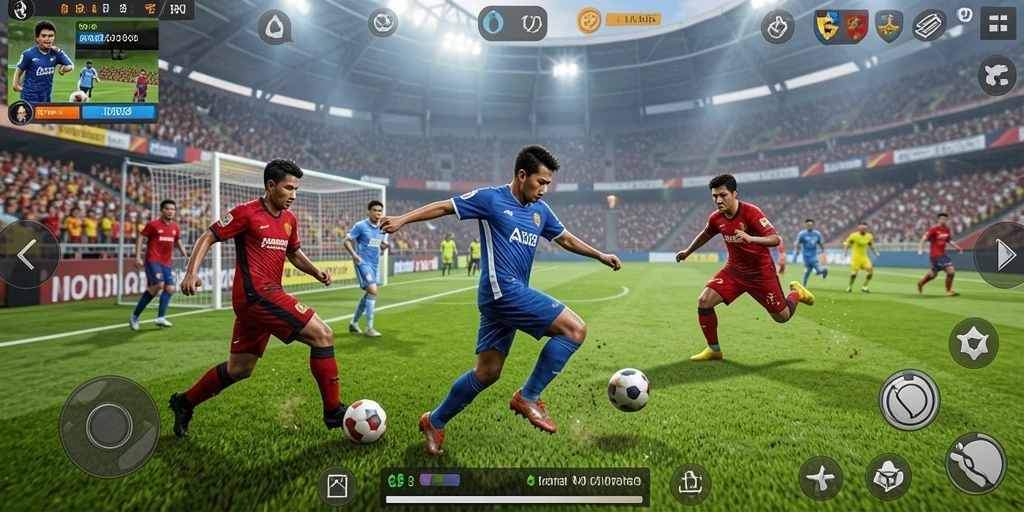 Tampilan gameplay MPOID dengan aksi sepak bola yang mendebarkan.