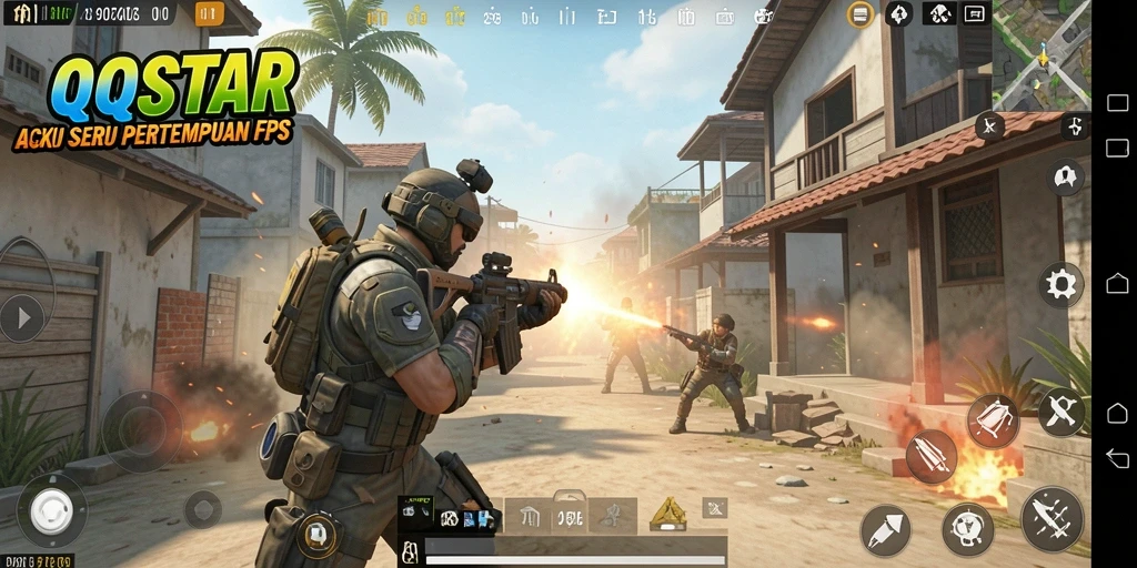 Screenshot gameplay QQSTAR menampilkan aksi tembak-menembak yang intens.