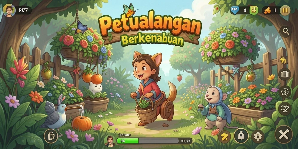 Tampilan screenshot gameplay yang menampilkan kebun yang subur dan berwarna-warni.