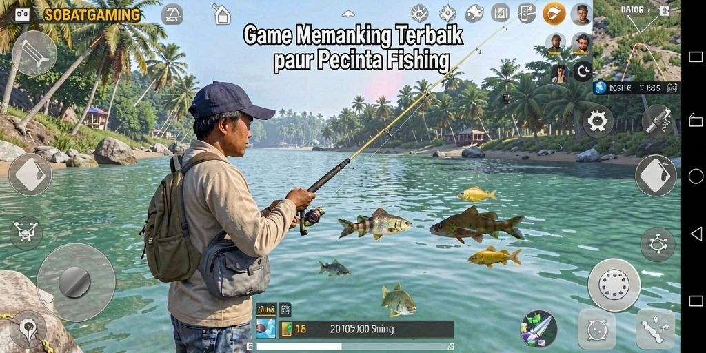 Tangkapan layar dari gameplay <strong>SOBATGAMING</strong> menunjukkan serunya memancing di berbagai tempat.