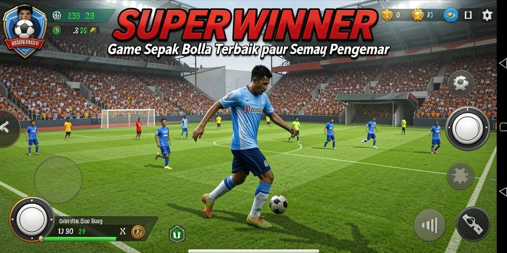 Screenshot gameplay <strong>SUPERWINNER</strong> menampilkan aksi seru di lapangan sepak bola.