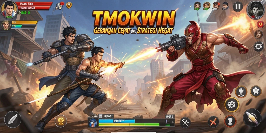 Screenshot TMOKWIN menampilkan duel seru di arena pertarungan.